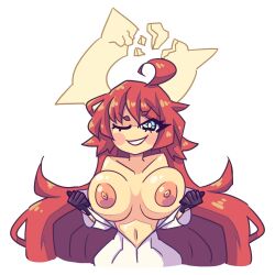 breasts broken_halo green_eyes guilty_gear guilty_gear_strive jack-o'_valentine partially_nude red_hair white_hair