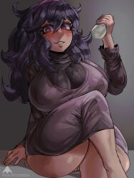 1girls 2022 alamanderarts alternate_breast_size blush breasts erect_nipples erect_nipples_under_clothes female female_only hex_maniac holding_object huge_breasts long_hair long_legs milk milk_in_container nintendo nipples no_panties pokemon pokemon_xy purple_eyes purple_hair pussy pussy_juice pussy_juice_drip pussy_juice_puddle thick_thighs thighs vagina