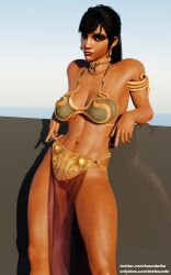 1girls 3d abs athletic big_breasts black_hair blizzard_entertainment dark-skinned_female dark_skin egyptian egyptian_female fareeha_amari female female_only female_protagonist fit fit_female front_view human large_breasts metal_bikini outdoors overwatch pharah pierced_belly_button piercing revealing_clothes shiny_skin slave_bikini slave_collar slave_leia_(cosplay) slave_outfit solo star_wars sweat sweaty tanline tattoo thehounde thick_thighs toned wet