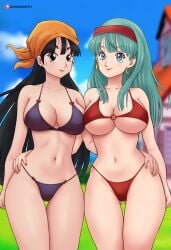 2girls aged_up aqua_eyes aqua_hair beach big_breasts bikini black_hair bra_(dragon_ball) bra_briefs breasts chilling chronosth1 dragon_ball dragon_ball_gt earrings eye_contact female female_focus female_only friends gummslime half-saiyans long_hair looking_at_viewer pan_(dragon_ball) saiyan standing thick_thighs thighs wholesome