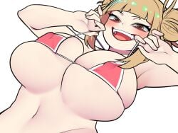 1girls armpits bellupup big_breasts bikini bikini_top blonde_hair blush breasts erection_under_clothes female female_only hair himiko_toga huge_breasts large_breasts my_hero_academia nipples open_mouth short_hair solo solo_female teeth topwear yellow_eyes