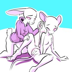 1:1 albino anthro anthro_on_anthro bottomless bottomless_anthro bottomless_female breasts clothed clothing duo egg_vibrator featureless_breasts female female/female fur genitals hoodie interspecies kneeling lagomorph leporid mammal mouse murid murine no_nipples nude nude_female pink_eyes pussy rabbit remote_controlled_vibrator rodent sex sex_toy sex_toy_in_pussy sex_toy_insertion topwear toxoglossa toying_partner vibrator vibrator_in_pussy white_body white_fur