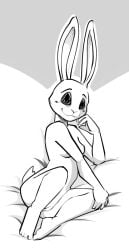 2020 anthro beastars black_eyes breasts domestic_rabbit ears_up female full-length_portrait genitals greyscale haru_(beastars) lagomorph leporid long_ears looking_at_viewer mammal monochrome nude oryctolagus portrait pussy rabbit smile solo toxoglossa white_body