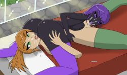 2girls 69 69_position alex_(minecraft) azurexarts bed black_body cunnilingus enderman enderwoman female female_only green_eyes large_breasts minecraft minecraft_mob multiple_girls nude nude_female oral oral_sex orange_hair purple_eyes purple_hair socks squirting stockings thighhighs yuri