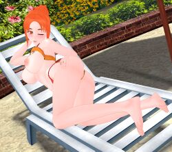 beach_chair big_breasts fnafhs fnafhs_z3ro genderswap_(mtf) hand_on_ass looking_at_viewer orange_eyes orange_hair oxy_(fnafhs) pale_skin pink_nipples rule_63 sarah21sugardust smug swimsuit top_lift winking_at_viewer