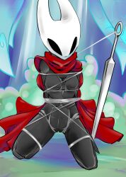 1girls 2021 anthro arthropod black_body black_eyes bondage bound breasts cloak clothing detailed_background empty_eyes featureless_breasts fecharis female female_only front_view full-length_portrait genitals hands_behind_back hollow_knight hornet_(hollow_knight) insect_girl insects kneeling mostly_nude no_nipples portrait pussy solo team_cherry tied_up toxoglossa video_games weapon