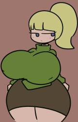 blonde_hair breasts female frown green_top green_topwear huge_breasts mob_face p-con poniko ponytail skirt solo spurhuns wide_hips yume_nikki