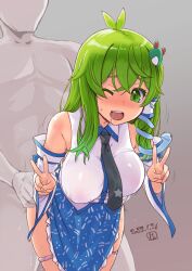 1boy bangs blue_skirt bouncing_breasts breasts double_v drooling eyebrows_visible_through_hair faceless faceless_male female frog_hair_ornament green_eyes green_hair grey_background hair_ornament hair_tubes japanese_clothes kei_jiei large_breasts long_hair miko open_mouth panties panty_pull pink_panties saliva sanae_kochiya sex sex_from_behind sideboob simple_background skirt snake_hair_ornament touhou underwear v