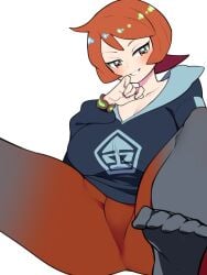 1girls arezu_(pokemon) bellupup big_breasts bottomwear bracelet breasts clothing feet female female_only game_freak hair jacket looking_at_viewer pants pokemon pokemon_legends:_arceus red_eyes red_hair red_legwear short_hair smile solo solo_female thick_thighs thighs topwear