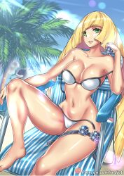 1girls alternate_version_available beach beach_chair beast_ball big_breasts bikini bikini_bottom bikini_top blonde_hair breasts cleavage eyes_visible_through_hair feet female female_focus female_only game_freak green_eyes holding_object long_hair lusamine_(pokemon) mature mature_female milf mother nihilego nintendo palm_tree pokeball pokemon pokemon_sm redjet sitting smile solo solo_female solo_focus thick_thighs thighs ultra_beast untied_bikini white_bikini