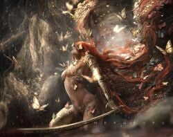 1girls 2022 ameropupu breasts casual_nudity detailed elden_ring female female_only fromsoftware light-skinned_female malenia_blade_of_miquella nude painting_(artwork) realistic red_hair solo solo_female wings