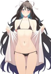 absurdres ass_visible_through_thighs bikini black_bikini black_hair blue_eyes blush closed_mouth collarbone cowboy_shot eyebrows_visible_through_hair female flat_chest groin hair_ribbon highres kantai_collection katsuragi_(kantai_collection) long_hair navel ponytail ribbon simple_background solo swimsuit takaman_(gaffe) white_background white_ribbon