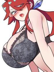 1girls alternate_breast_size alternate_version_available bellupup big_breasts black_bra blush bra breast_focus breasts cleavage clothing female female_only huge_breasts lace-trimmed_bra lace_trim looking_at_viewer lorelei_(pokemon) lorelei_(pokemon_lgpe) mature mature_female open_mouth picot_trim picot_trim_bra pokemon pokemon_rgby red_eyes red_hair solo solo_female