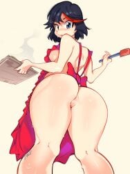 1girls 2022 anus apron apron_only ass big_ass black_hair blue_eyes blush breasts eye_contact female female_focus female_only huge_ass huge_butt kill_la_kill looking_at_viewer looking_pleasured low-angle_view matoi_ryuuko naked_apron nude onae pussy red_hair short_hair solo standing studio_trigger thick_thighs thighs two_tone_hair yellow_background