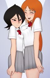 2022 2girls black_hair bleach breast_envy breast_size_difference breasts clothed clothed_female cramped female female_only height_difference huge_breasts inoue_orihime kuchiki_rukia long_hair loodncrood orange_hair school_uniform schoolgirl short_hair short_skirt small_breasts thighs