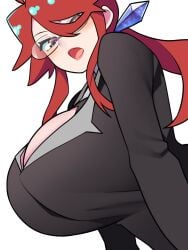 1girls alternate_breast_size alternate_version_available bellupup big_breasts breast_focus breasts cleavage clothing female female_only huge_breasts looking_at_viewer lorelei_(pokemon) lorelei_(pokemon_lgpe) mature mature_female open_mouth pokemon pokemon_rgby red_eyes red_hair solo solo_female topwear