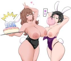 2girls alessandra_(comicomryu) alternate_version_available big_ass big_breasts black_hair brown_hair comicomryu delicia_(comicomryu) green_eyes milf multiple_girls nipple_piercing rabbit_ears rabbit_girl ryumxr