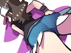 1girl 1girls 2020s 2021 anime ass ass_focus bellupup big_ass black_topwear blue_bottomwear blue_eyes blue_shorts booty_shorts brown_hair butt_crack_outline cap clothing denim_shorts female female_only game_freak hand_on_ass hand_on_hip hat heroine hilda_(pokemon) hips human light-skinned_female logo_on_headwear long_hair looking_at_viewer looking_back manga moderate_tomboy pokemon pokemon_bw ponytail rear_view shiny_hair shirt shorts sleeveless_jacket snapback solo solo_female thick_thighs thighs tomboy two_tone_headwear two_tone_headwear_(pinkandwhite) video_game_franchise worm's-eye_view wristband