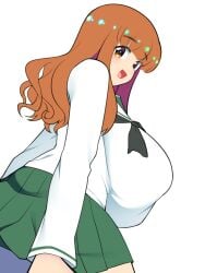 1girls bellupup big_breasts breasts female female_only girls_und_panzer green_skirt huge_breasts large_breasts looking_at_viewer open_mouth orange_eyes orange_hair school_uniform schoolgirl skirt smile solo_female takebe_saori thick_thighs thighs