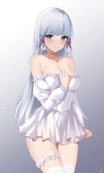 bangs big_breasts blue_eyes blush blushing breasts choker collar dress feintheart721 genshin_impact jewelry kamisato_ayaka large_breasts long_hair necklace noblewoman precious revealing_clothes samurai silver_hair smile smiling thick thick_thighs thighs white_hair