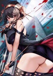 1girls ass assassin black_dress black_hair blood breasts clothing dagger dress earrings female female_only fingerless_gloves gloves hi_res holding_dagger holding_weapon jewelry large_breasts long_hair looking_at_viewer red_eyes sideboob solo spy_x_family squchan stiletto_(weapon) thighhighs thighs thorn_princess upskirt weapon yor_briar