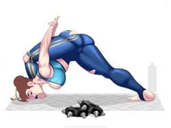 bodysuit brown_hair cameltoe capcom chun-li feet female fully_clothed krezniverse large_ass large_breasts spiked_bracelet stirrup_legwear street_fighter street_fighter_alpha stretching sweat torn_clothes