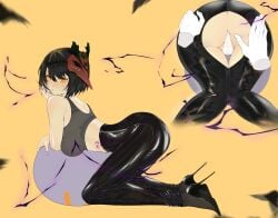 ass big_ass big_breasts big_butt black_hair brashearlushert breasts dark_hair electro_slime genshin_impact heels high_heels kujou_sara large_ass large_breasts mask mask_removed panties side_view tattoo tengu tengu_mask thick thick_ass thick_thighs thighs tight_clothing tight_pants torn_clothes torn_clothing torn_pants yellow_eyes