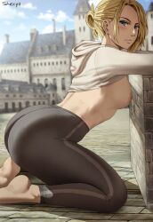 1girls 2022 annie_leonhardt ass attack_on_titan blonde_hair blue_eyes breasts breasts_out cityscape cropped_hoodie dat_ass detailed_background edit edited female female_only hi_res hips hoodie huge_ass kneeling medium_breasts outdoors petite shexyo shingeki_no_kyojin short_hair side_view slim_waist solo sportswear thick_thighs thighs tied_hair voluptuous white_hoodie wide_hips