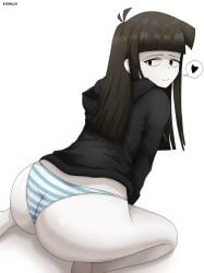 1girls ass ass_focus big_ass black_eyes blossom_hope brown_hair female heart hoodie looking_at_viewer looking_back medium_hair no_pants panties sayoko_yoshimoto striped_panties watermark white_background white_skin woomler