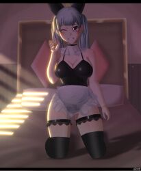 1girls black_clover breasts choker eye_contact female female_focus female_only kneeling legwear looking_at_viewer noelle_silva one_eye_closed purple_eyes skrusj smile solo thick_thighs thighhighs thighs twintails