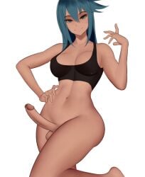 aqua_(konosuba) bra breasts edit edited erection futa_only futanari kono_subarashii_sekai_ni_shukufuku_wo! long_hair nipples nude nude_futanari on_one_leg penis seductive_look solo_futa testicles thick_thighs thong underwear zaki_btw