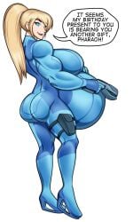 1girls ass belly big_ass big_belly blonde_hair bubble_butt casual english_text female firearm handgun huge_belly human legwear metroid muscular muscular_female pale_skin pregnant ready_to_pop riddleaugust samus_aran speech_bubble text weapon zero_suit zero_suit_samus