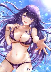 absurdres bangs bikini blue_sky blunt_bangs bracelet breasts cleavage collarbone cowboy_shot eyebrows_visible_through_hair female genshin_impact highres jewelry large_breasts light-skinned_female light_skin long_hair looking_at_viewer mihoyo mole mole_under_eye mouth_open navel nori_chazuke open_mouth open_smile purple_bikini purple_eyes purple_hair raiden_shogun reaching_out signature sky smile solo strap_pull string_bikini sunlight swimsuit water_drop