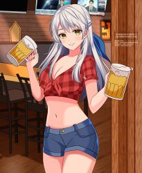 1girls 2020s 2022 2boys absurdres alcohol alternate_costume artist_name bangs bar bar_stool beer beer_mug black_hair blue_bottomwear blue_shorts breasts chair chairs checkered_clothes checkered_shirt cleavage collared_shirt commission cup denim denim_shorts female female_focus fire_emblem fire_emblem:_radiant_dawn front_view glasses grin half_updo happy highres holding holding_cup human indoors legs_together light-skinned_female light-skinned_male long_hair looking_at_viewer male manga marion_(marionette_ink) medium_breasts micaiah_(fire_emblem) midriff mug navel news_reporter nintendo red_topwear shirt short_sleeves shorts silver_hair smile solo standing stool table tied_shirt ties tomboy trio twitter_username waitress yellow_eyes