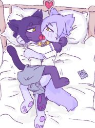 1boy 1girls 90_percent_studios angel_grimalkin anthro archeryves bed blush blush_lines bottomwear clothed clothed_sex clothing coco_grimalkin condom_wrapper domestic_cat embrace felid feline felis female female_anthro femboy femboy_on_female femboy_on_tomboy furniture girly hug incest kissing male male_anthro mammal purrfect_apawcalypse sex skirt straight tomboy tongue_to_tongue video_games visual_novel