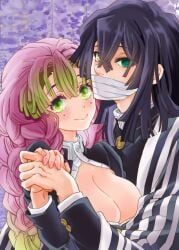 1boy 1girls big_breasts black_hair blush braided_hair canon_couple cleavage cute demon_slayer female green_eyes hand_holding heterochromia holding_hands iguro_obanai kanroji_mitsuri kimetsu_no_yaiba looking_at_viewer male mole_under_eye mouth_mask open_shirt pink_hair smile suika_tokei two_tone_hair wholesome wisteria_(flower)