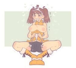 bike_shorts blush boots breasts breasts_out brown_eyes brown_hair cameltoe diane_(nanatsu_no_taizai) nanatsu_no_taizai nipples panties panties_on_head panty_pull shorts sitting spread_legs sweat tagme tears wedgie white_panties