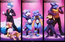 accessory anthro baseball_bat bat_(object) blep blue_body blue_fur blue_hair blush canid canine cat_costume clothing collar comic costume crop_top darkmirage dragonair dragonchu_(character) embarrassed felid female flamecario fox frown fur furgonomics genitals gesture girly group hair hi_res hybrid leash leashed_female leg_warmers legendary_pokémon legwear looking_at_viewer looking_up lucario male mammal mew mew_(pokemon) multi_tail multiple_pages necktie nintendo nurse_clothing nurse_uniform open_mouth page_44 page_45 pokemon pokemon_(species) pussy quetzalli_(character) seric_(silentspirit94) shirt simple_background straight_hair stripe_(pinkbutterfree) suit tail_accessory text tongue tongue_out topwear uniform v_sign vicious_kitty video_games wristband