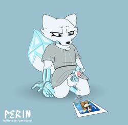 anthro arctic_fox blue_body blue_fur bodily_fluids bone bottomless canid canine chubby_female clothed clothing cum cum_on_photo female foreskin fox fur genital_fluids genitals hi_res humanoid_genitalia humanoid_penis ice makeup male mammal mascara masturbation orange_body orange_fur penis perinia photo signature skeleton slightly_chubby solo tunic