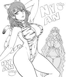 2girls bb_(baalbuddy) bikini bra breasts byleth_(fire_emblem) byleth_(fire_emblem)_(female) cat_ears cat_tail collar expressionless female fire_emblem fire_emblem:_three_houses headband headwear monochrome necklace nintendo nipple_bulge nipples_visible_through_clothing panties rhea_(fire_emblem) tail