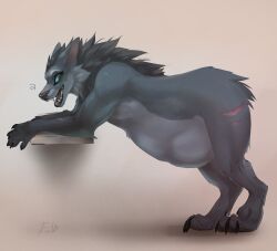 anthro belly big_belly blizzard_entertainment canid chapchl hi_res male mammal oral_vore same_size_vore smile solo stomach_bulge video_games vore warcraft were werecanid worgen