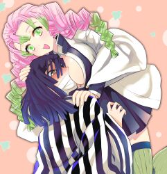 1boy 1girls between_breasts big_breasts black_hair blush braided_hair canon_couple cute demon_slayer face_in_breasts female fully_clothed green_eyes hand_on_another's_head haori iguro_obanai kamiyasuika kanroji_mitsuri kimetsu_no_yaiba long_hair looking_at_viewer male mole_under_eye mouth_mask open_mouth open_shirt pink_hair smile thighhighs two_tone_hair uniform wholesome