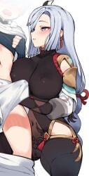 1boy 1girls black_gloves blue_eyes blue_gloves blue_hair blush bodysuit braid breasts cameltoe chongyun_(genshin_impact) clothes_pull covered_navel covered_nipples earrings female fingerless_gloves genshin_impact gloves hair_over_one_eye handjob handjob_under_clothes highres hip_vent incest jewelry large_breasts light-skinned_female light-skinned_male light_skin long_hair ndgd pants pants_pull shenhe_(genshin_impact) skin_tight straight tassel tassel_earrings very_long_hair wavy_mouth