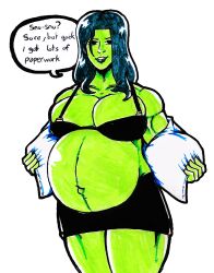 1girls belly big_belly big_breasts bra cleavage female female_only green_hair green_skin hulk_(series) large_breasts marvel marvel_comics muscular muscular_female nasuokaa-san pregnant she-hulk solo solo_female speech_bubble talking_to_viewer undressing