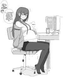 labcoat labor lewdlemage makise_kurisu monitor monochrome office_chair pregnant scared sketch steins;gate sweat third-party_edit trembling water_breaking water_broke