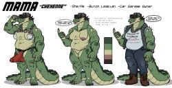 alligator alligatorid anthro bottomwear breasts chains clothing crocodilian denim denim_clothing dialogue dildo female flexing hair hair_over_eyes hi_res jeans loxiv model_sheet muscular muscular_anthro muscular_female nude overweight overweight_anthro overweight_female pants reptile sagging_breasts scalie scar sex_toy sharp_teeth shirt solo speech_bubble standing stated_homosexuality stated_sexuality strapon teeth thick_tail topwear