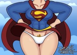 1girls abs blonde_hair dc dc_comics dc_super_hero_girls female female_only kara_danvers kara_zor-el kryptonian muscular_female panties pubic_hair pubic_hair_peek saucepit_(artist) solo supergirl superheroine upskirt white_panties