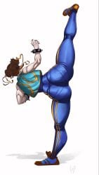 bodysuit brown_hair capcom chun-li female fully_clothed kicking krezniverse large_ass leg_up muscular_female shoes spiked_bracelet street_fighter street_fighter_alpha vest