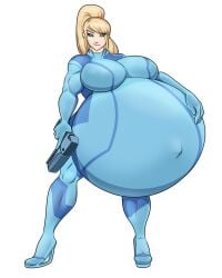 1girls belly big_belly blonde_hair casual female firearm hand_on_belly handgun huge_belly human hyper hyper_pregnancy metroid muscular muscular_female navel outie_navel pregnant riddleaugust samus_aran skintight weapon