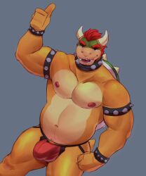 5:6 absurd_res anthro bara barazoku bowser bulge chubby_male clothing collar dragon eyebrows hair hi_res horn jockstrap male male_only mario_(series) muscular nintendo nipples red_eyebrows red_hair red_jockstrap red_nipples slightly_chubby smile smirk snaftfc solo underwear video_games yellow_body